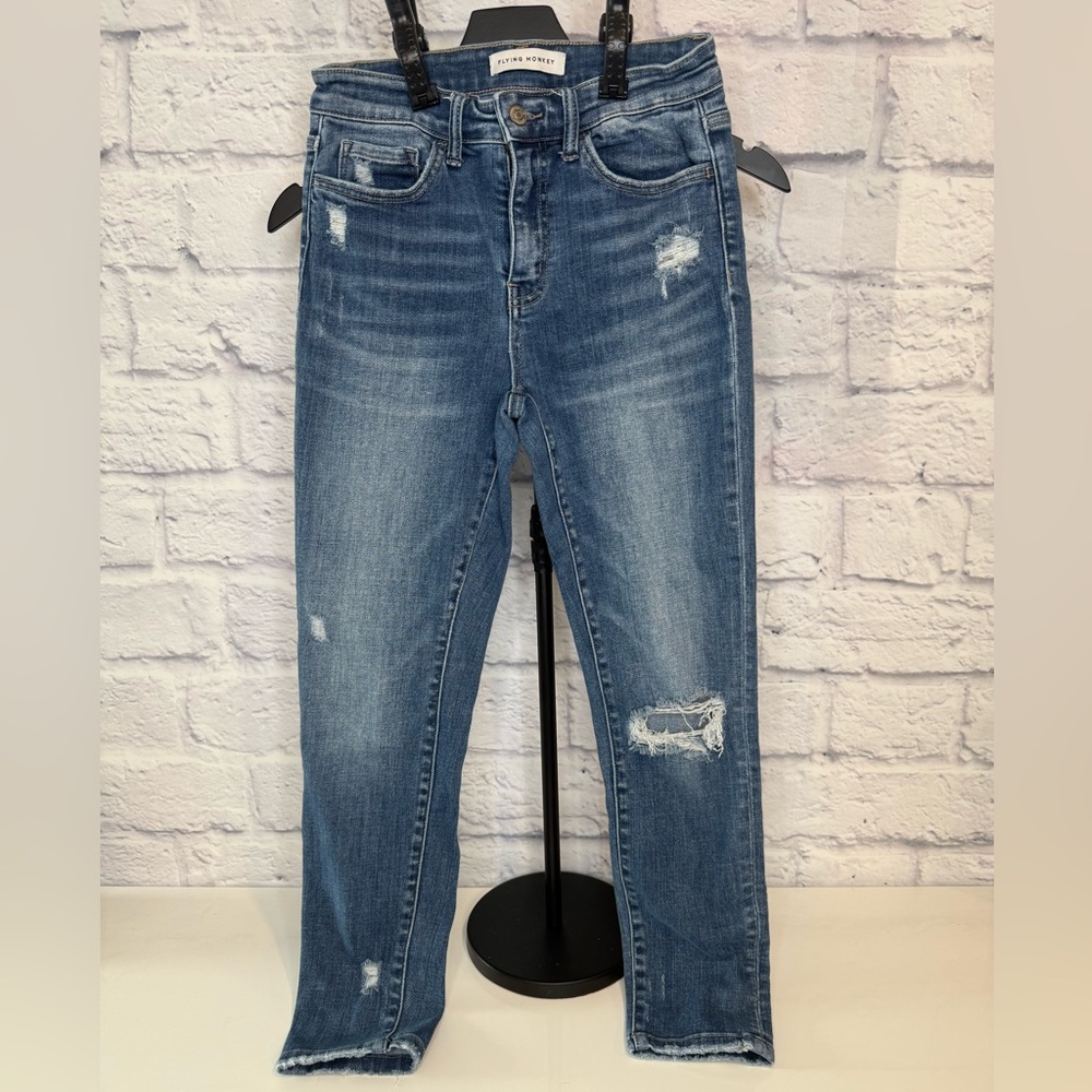 Flying Monkey Cropped Leg Distressed Blue Jeans